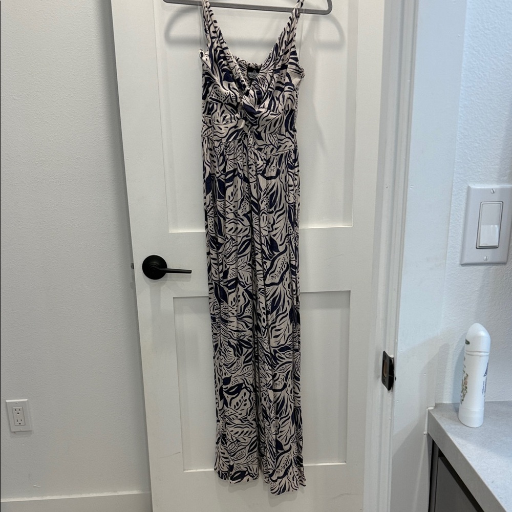 Navy and White Leaf Print Jumpsuit